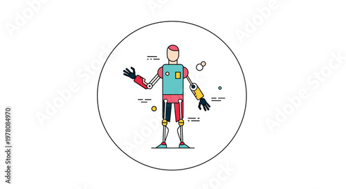 Detailed illustration of a futuristic robot with colorful mechanical components is centered inside a simple circular frame.