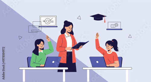 Friendly teacher helps two students using laptop computers in a classroom environment filled with floating school icons.