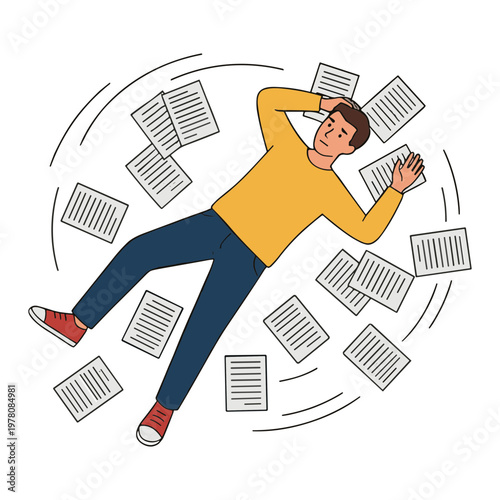 Man overwhelmed by falling papers in chaotic office environment