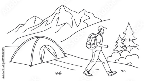 Adventurous hiker with backpack walks past a tent towards majestic mountains on a sunny day.