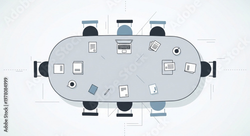 A minimalist vector illustration of a conference table with chairs and office supplies from an aerial view
