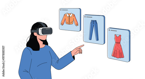 Innovative virtual reality shopping experience allows a woman to browse through various clothing items on digital panels.