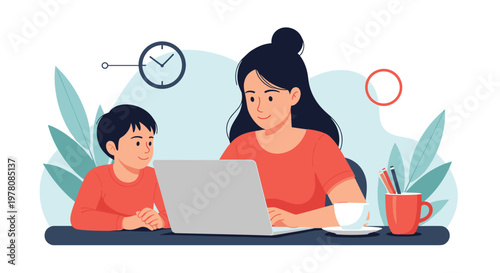 Caring mother sits with her young son at a desk while using a laptop computer together in a bright and modern home office.