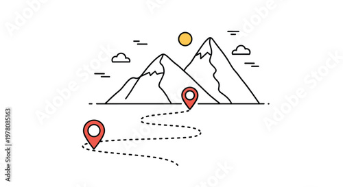 Travel map illustration features a dashed route with location pins leading toward a simple sun over a mountain range.