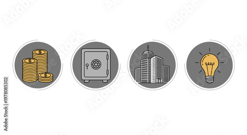 Set of four business icons represents financial growth with coins, a secure safe, tall buildings, and a light bulb idea.