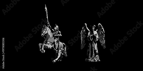 Dramatic black and white depiction of a knight and angelic figures