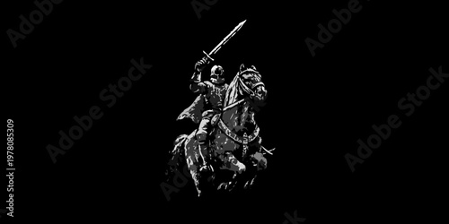 A grayscale illustration of a knight on horseback wielding a sword