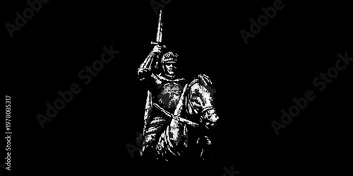 A dramatic black and white illustration of a mounted warrior with a sword