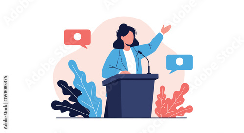 Professional woman standing at a podium delivering a speech with confidence during a public speaking event or conference.