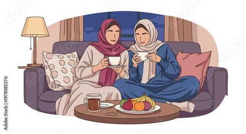 Two Muslim women wearing colorful hijabs sitting on a sofa while enjoying tea and fresh fruit in a cozy living room.
