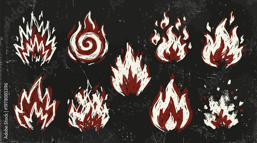 A collection of ten hand-drawn, stylized fire icons with a dark, textured background, showcasing various flame shapes and intensities.