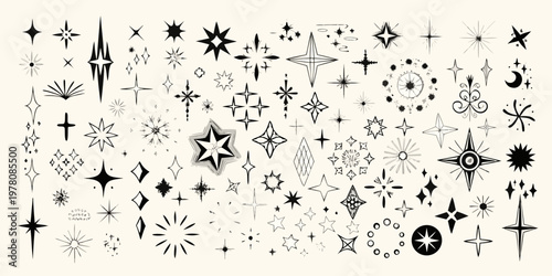Collection of hand drawn black stars sparkles and celestial elements