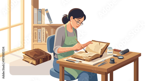 Woman writing in a large book.