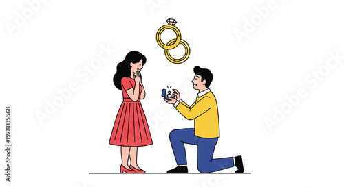 Romantic man kneeling down to propose marriage to a surprised woman with a ring box against a background of wedding rings.