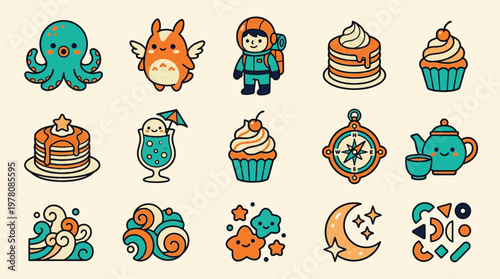 A collection of  an octopus, a whimsical creature, a hiker, pancakes, cupcakes, a refreshing drink, a compass, a teapot, swirling waves, abstract shapes, and celestial bodies like stars and a moon.