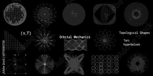 Abstract geometric shapes and diagrams illustrating topological and orbital mechanics