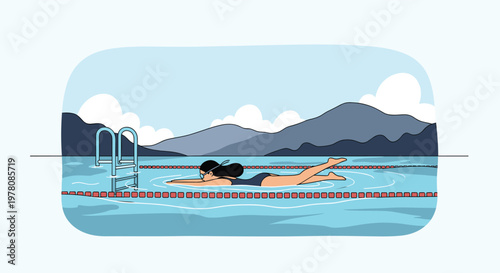Woman wearing a swimsuit and goggles swimming laps in an outdoor pool with mountains and clouds in the background.