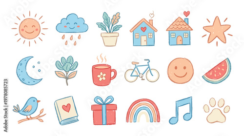 A charming collection of hand-drawn, pastel-colored icons representing various elements of daily life and nature.