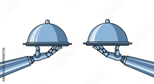 Two robotic arms facing each other and holding silver serving trays with domes in a futuristic hospitality concept.