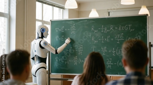 AI in education concept, robot teacher writing physics equations on classroom chalkboard. Future of learning and artificial intelligence integration in academic school settings.
