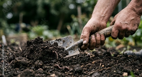 Digging Soil with Trowel: Farmer's Hands and Dirt with Earthworms