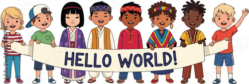 Diverse Children Hold "Hello World!" Banner