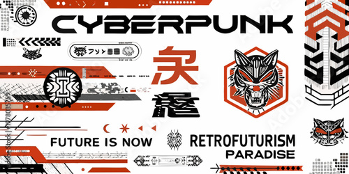 Cyberpunk design elements including a wolf japanese characters and futuristic graphics