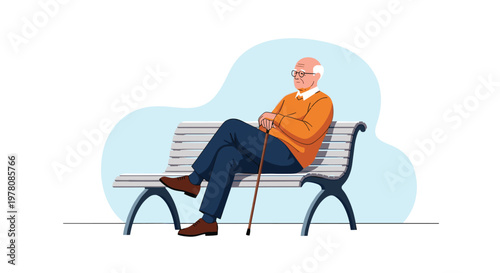 Elderly man wearing glasses and a sweater sitting calmly on a park bench with his legs crossed and holding a walking cane.
