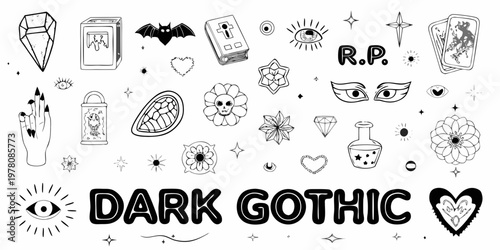 Collection of dark gothic themed illustrations and mystical symbols