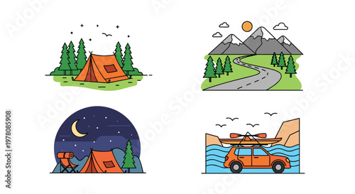 Outdoor recreation set showing mountain landscapes, tent camping in the forest, night camping, and a car with a kayak.
