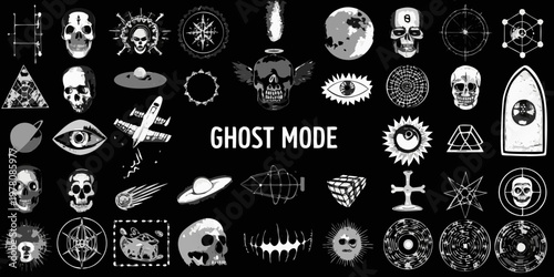 A collection of spooky gothic and surreal black and white illustrations