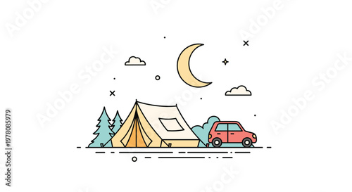 Cozy nighttime camping scene featuring a tent, a small red car, and a large crescent moon in a simple flat illustration style.