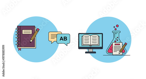 Collection of educational icons for online learning featuring a notebook, speech bubbles, laptop screen, and chemistry flask.