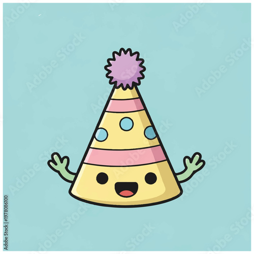Smiling cartoon party hat with pompom.