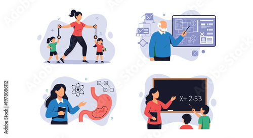 Diverse educational scenes featuring a mother exercising with kids, a teacher at a screen, a biology lesson, and math class.