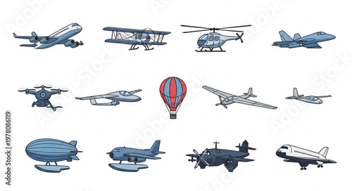 Collection of diverse aircraft and airships in pixel art style.
