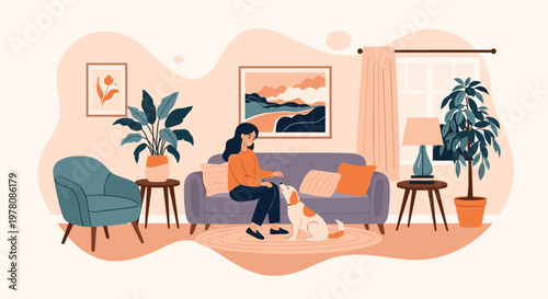 Young woman sitting on a comfortable sofa in a well-decorated living room while interacting with her friendly pet dog.