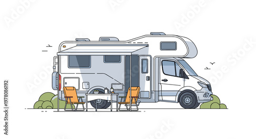 Detailed line illustration of a modern motorhome camper van with an awning and outdoor furniture for camping adventures.