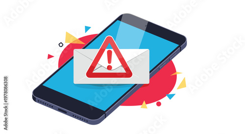 Mobile security concept featuring a smartphone with a prominent warning alert symbol displayed over an unread email message icon on a white background.