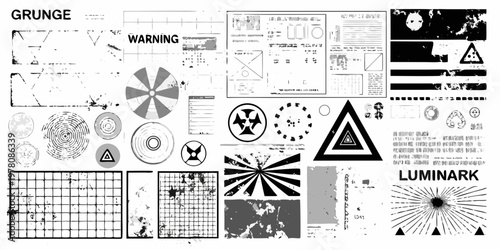 Abstract collection of black and white technical design elements and symbols
