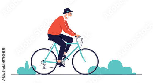 Healthy elderly man with a white beard and a hat riding a teal bicycle on a path through a park enjoying active retirement and outdoor fitness exercise.
