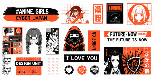 Anime inspired sticker collection featuring cyberpunk and japanese aesthetic elements