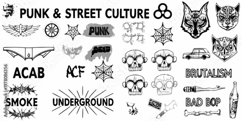 A collection of punk and street culture inspired black and white graphic elements