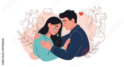 Supportive man comforting a crying woman in a moment of grief with stylized anatomical heart outlines in the background symbolizing emotional health.