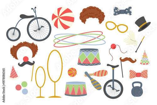 Fun circus photo booth props set with clown wig, nose, glasses, and performance equipment. Vector illustration of carnival accessories, unicycle, and magic hat for party decor.