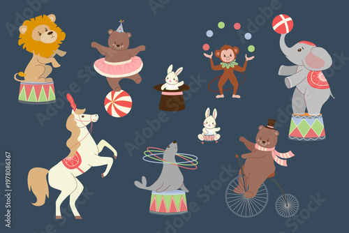 Adorable cartoon circus animals performing funny tricks in a big top show. Vector illustration set featuring lion, elephant, bears, monkey, horse, seal, and rabbit on pedestals. Ideal for kids design.