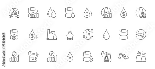 Energy Market Icon Set containing global energy market, oil market, oil, crude oil, price increases, global market, petrodollar, global economy, oil price, refinery, and strait of hormuz vector icons