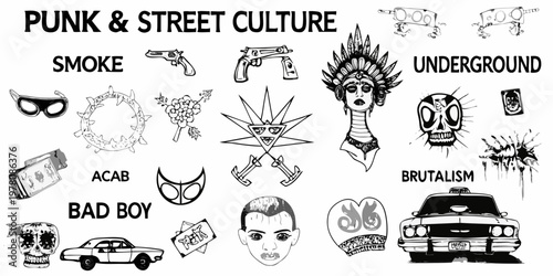 A black and white collage representing punk and street culture aesthetics