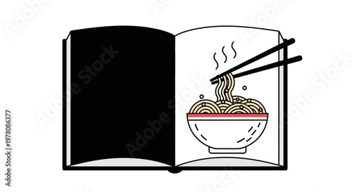 Illustration of steaming noodle bowl with chopsticks on a book.