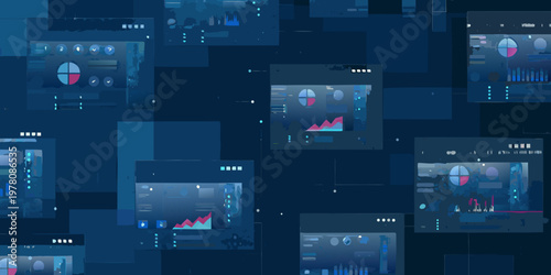 Abstract background with multiple screens displaying data visualizations